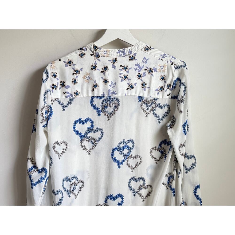 Sandro Paris Heart Print Long Sleeve Mini Shirt Dress White Blue Silk EU 38 M - Picture 8 of 11